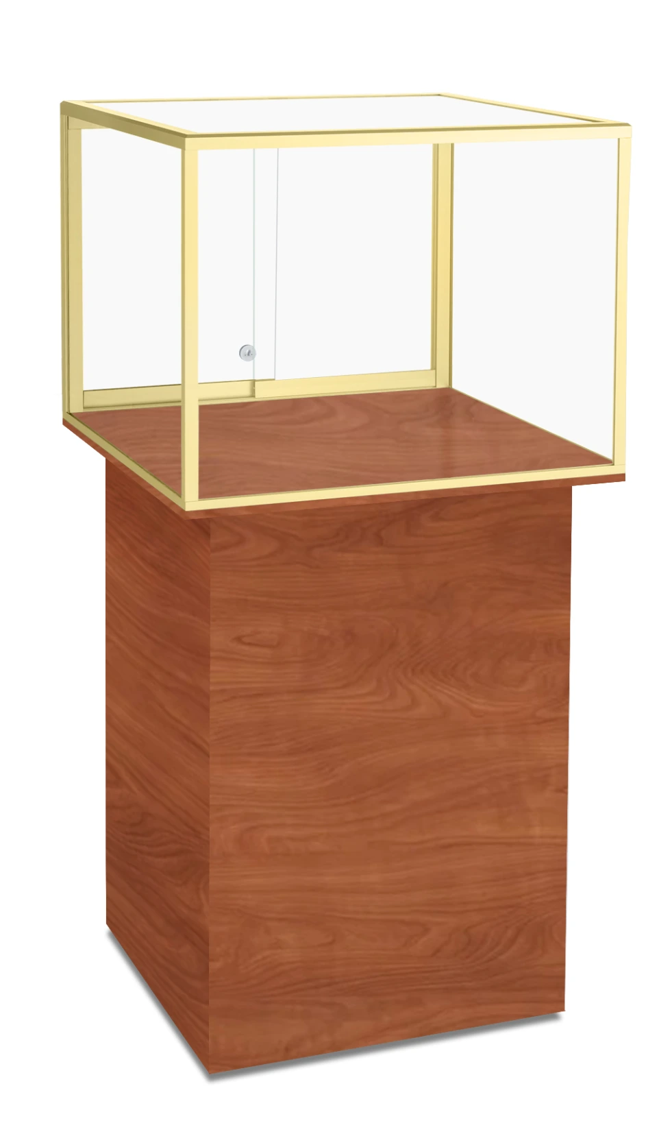 PD530 24 x 24 wild cherry framed pedestal display case, angled view