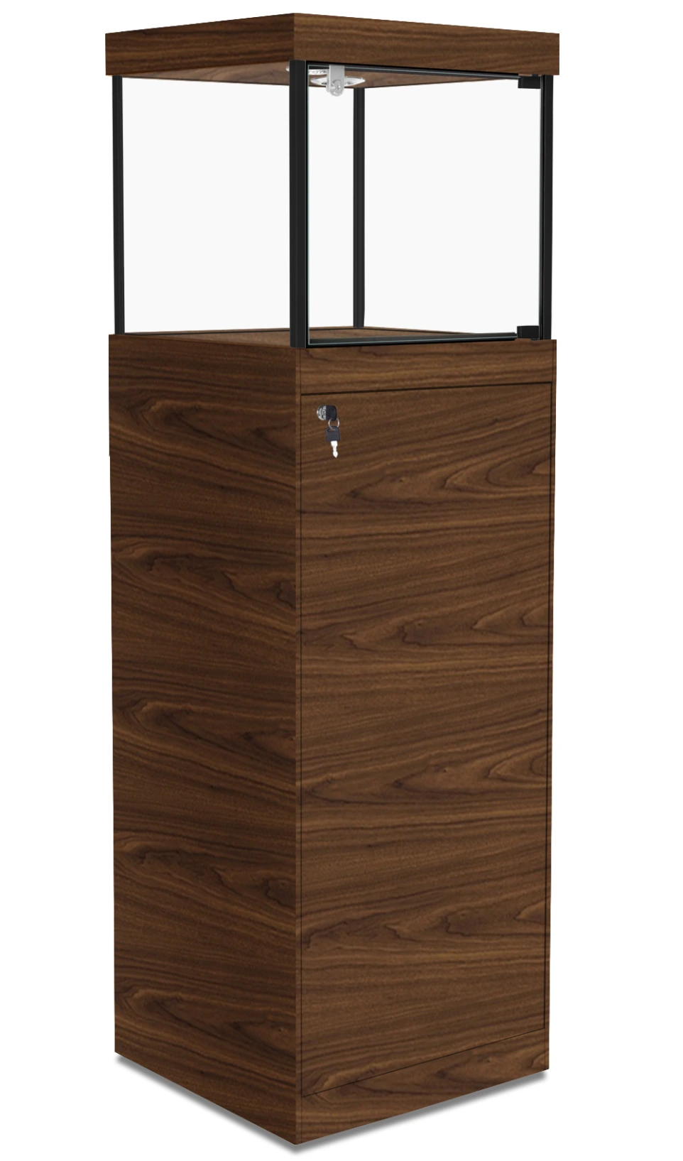 PD510 20 x 20 walnut framed pedestal display case, angled view