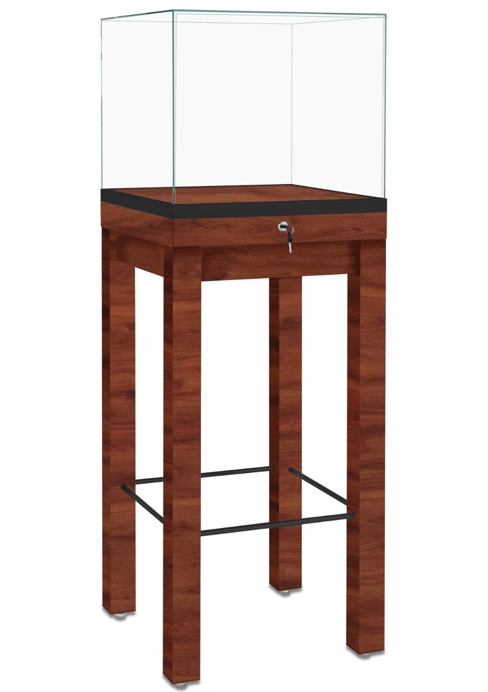 PD550 20 x 20 mahogany frameless pedestal display case, angled view